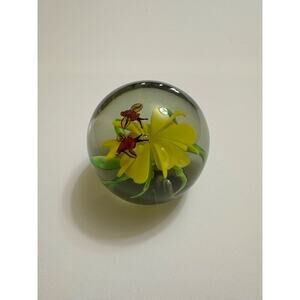 Glass Paperweight Yellow Flower Red Insects Bees Bugs Floral Art Collectible
